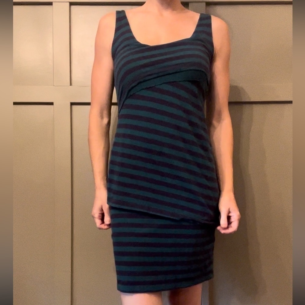SYNERGY Organic Cotton Striped Asymmetric Tiered Dress Teal & Navy Size Small
